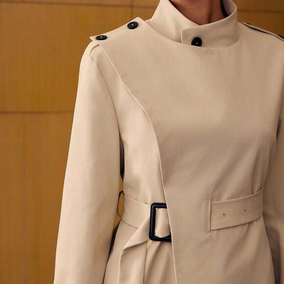 Khaki Elegant Women's Stand Collar Belted Mini Trench Coat - Picture 3 of 6